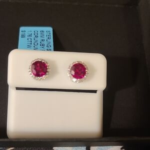 Sterling Silver Pink Ruby-Color Halo Stud Earrings